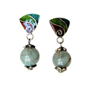 Fan Shaped  Vintage-style Cloisonne Enamel and Jade Bead Drop Earrings